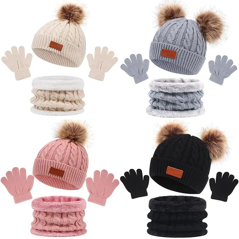 Baby Winter Hat Scarf Gloves Set Knitted Fur Ball Kids Beanie Baby Cap for Girls Boys