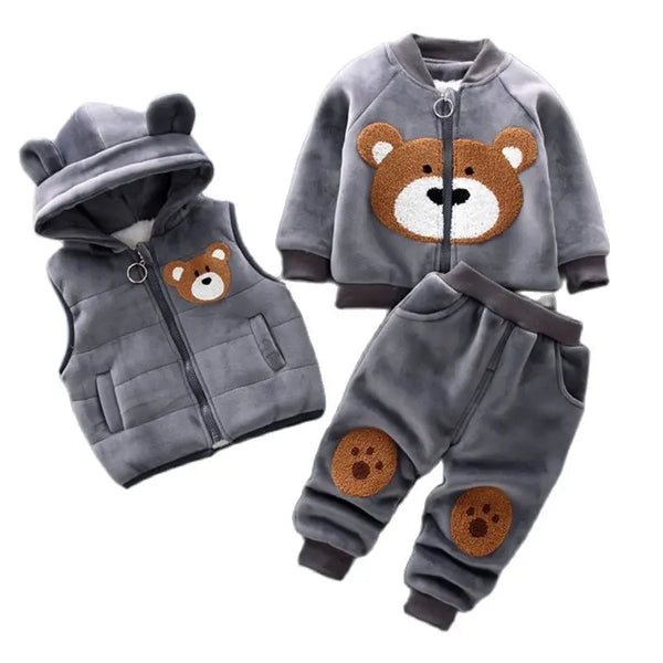 Autumn Winter Baby  Clothes Sets Thick Fleece Cartoon Bear Jacket Vest Pants 3Pcs