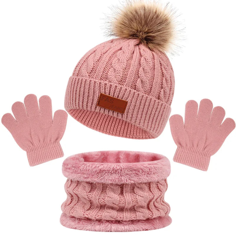 Baby Winter Hat Scarf Gloves Set Knitted Fur Ball Kids Beanie Baby Cap for Girls Boys