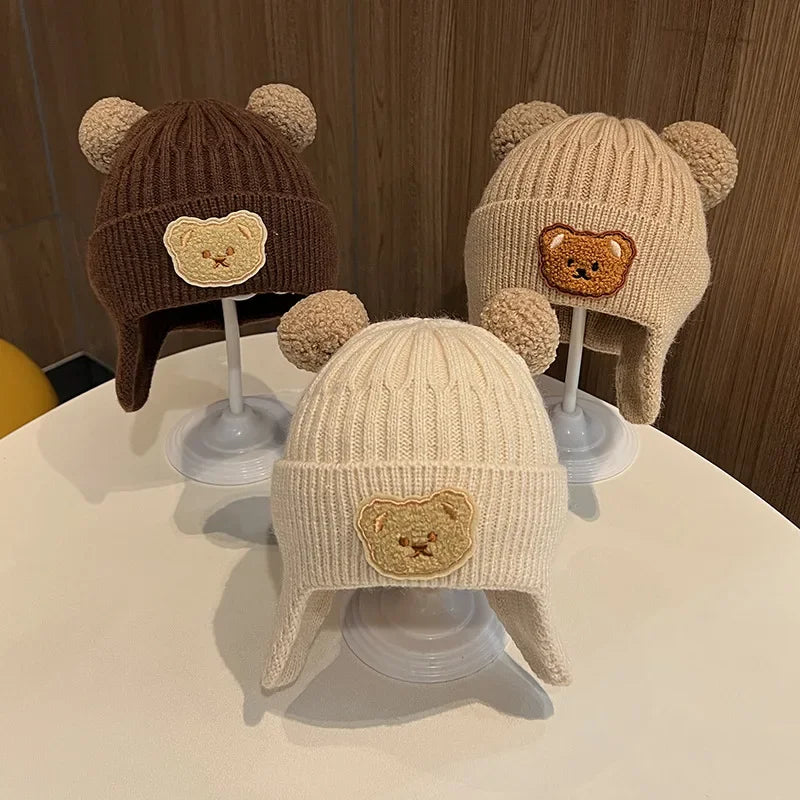 Winter baby wool hat cute bear ear protection