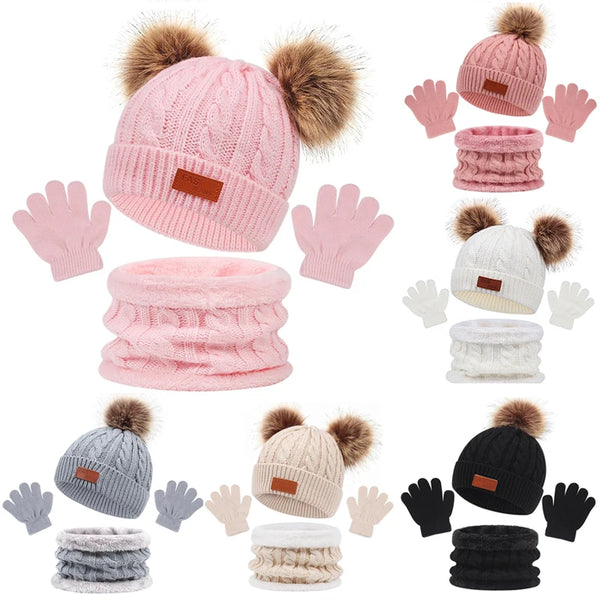 Baby Winter Hat Scarf Gloves Set Knitted Fur Ball Kids Beanie Baby Cap for Girls Boys